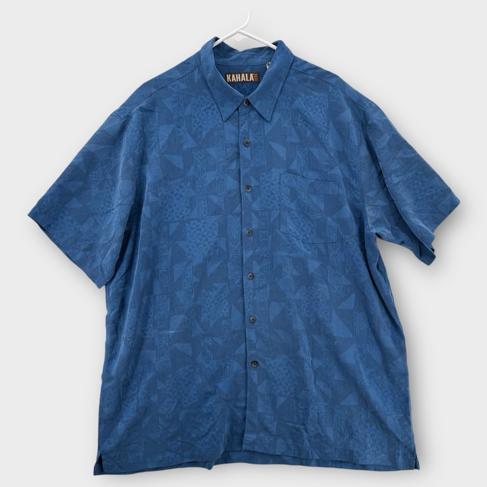 Kahala Hawaiian Shirt Mens 2XL Rayon‎ Tropical Blue Floral Jacquard Camp Aloha